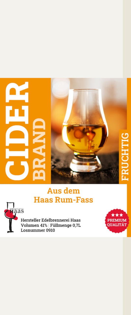 Produktlabel für Cider-Brand im Rum-Fass gelagert