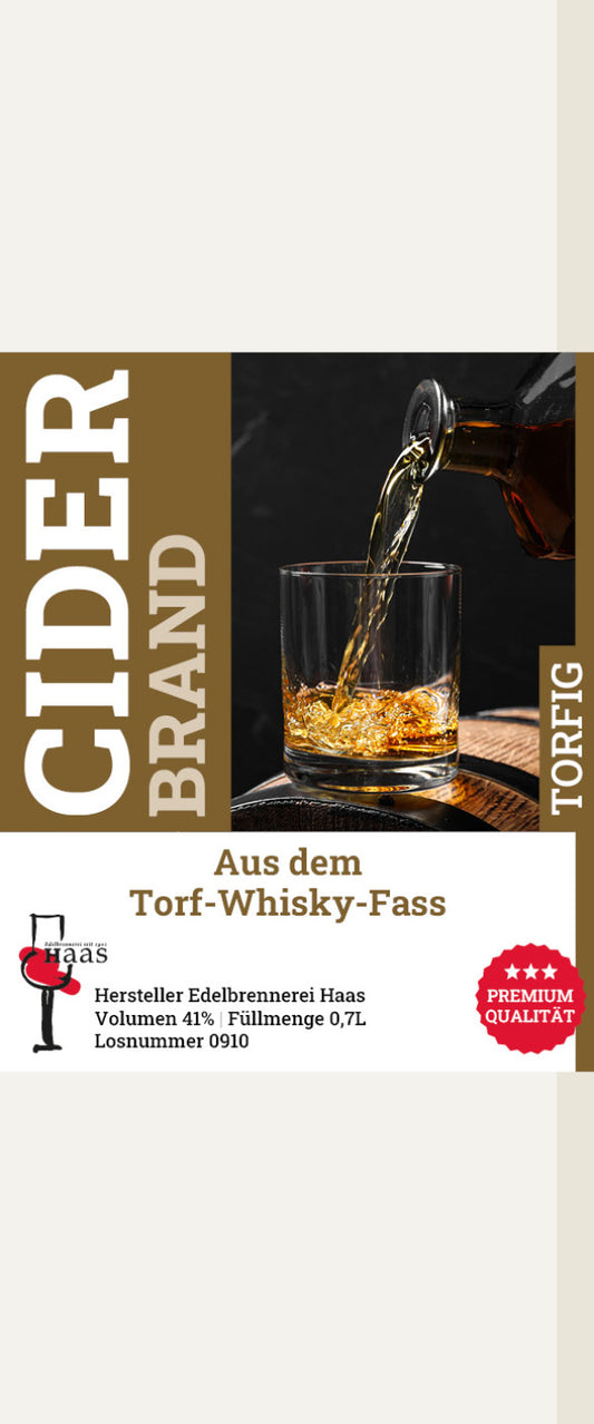 Produktlabel für Cider-Brand im Torf-Whisky-Fass gelagert