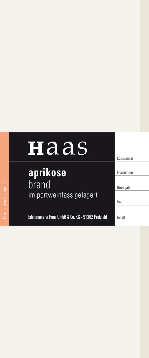 Produktlabel für Aprikose im Portweinfass gelagert
