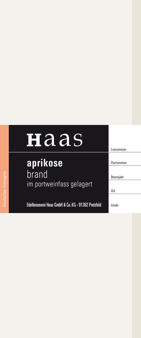 Produktlabel für Aprikose im Portweinfass gelagert