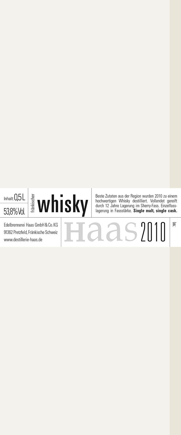 Produktlabel für Whisky | 12 Jahre gelagert im Sherry-Fass | single malt, single cask 2010