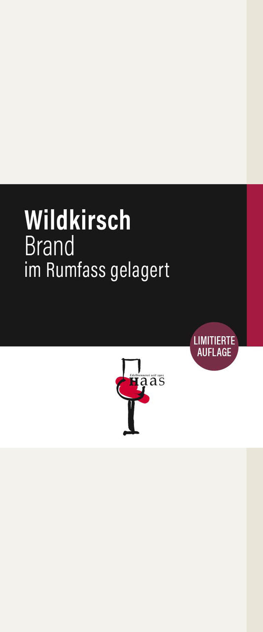 Produktlabel für Wildkirschbrand im Rumfass gelagert (limitierte Auflage)