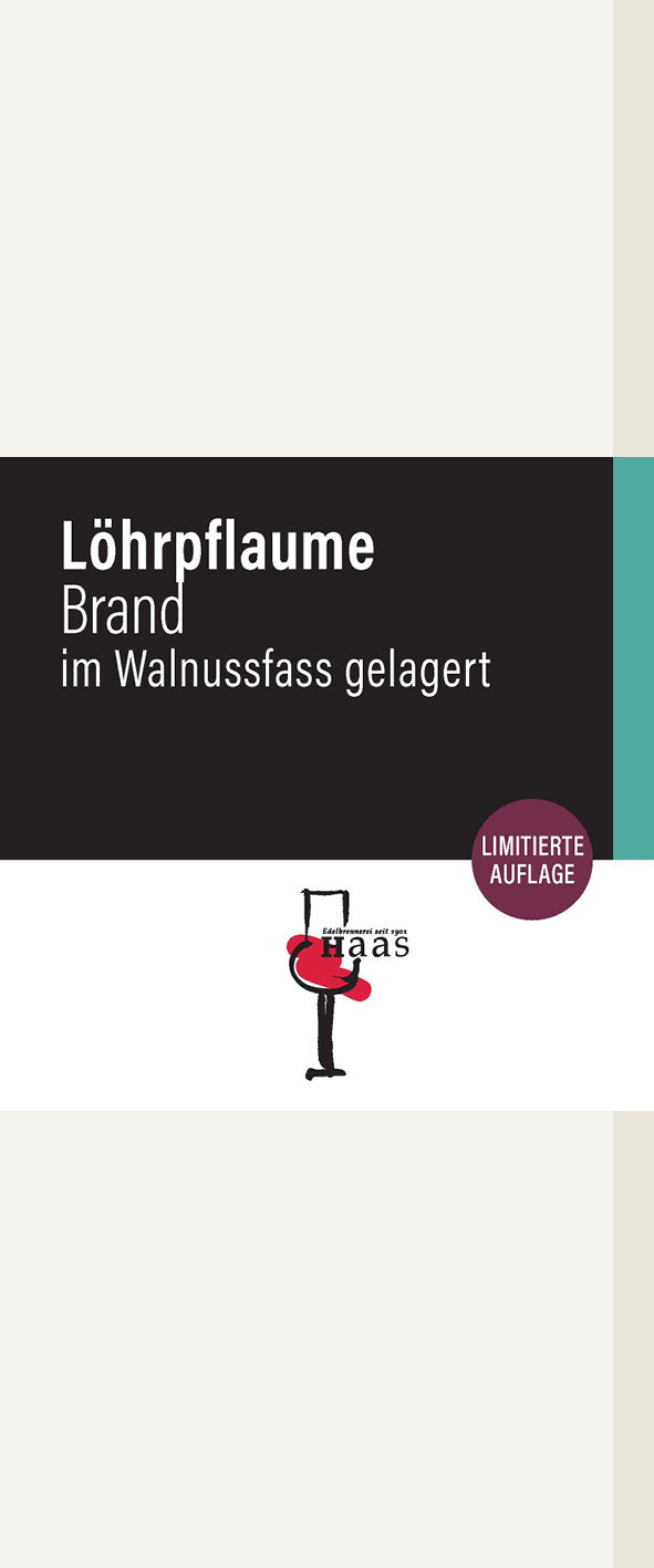 Produktlabel für Löhrpflaume Brand im Walnussfass