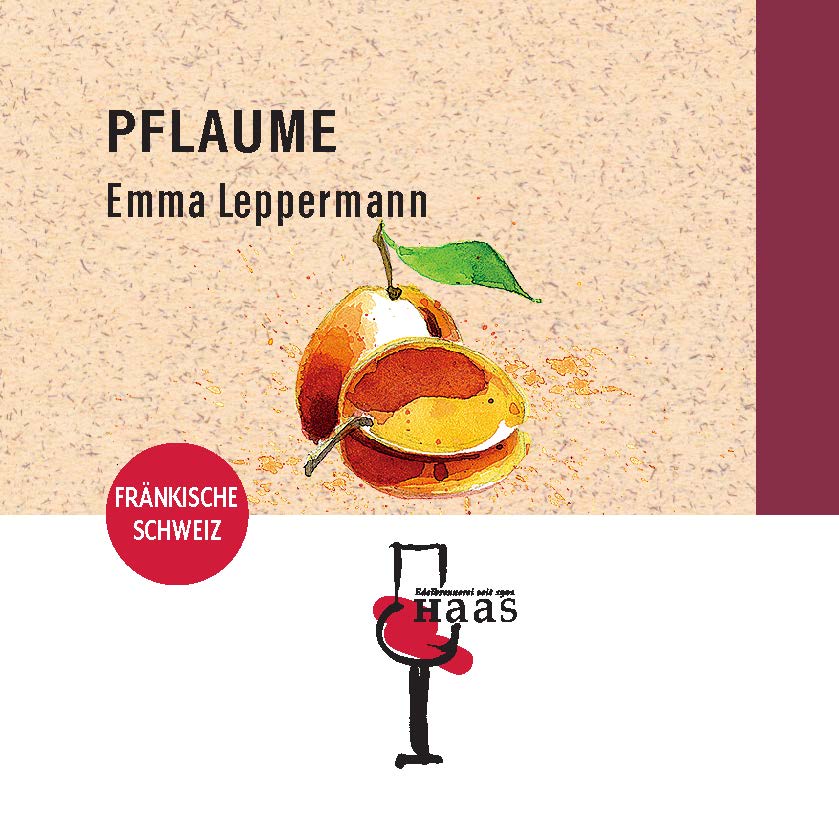 Produktlabel für Fruchtaufstrich Pflaume Emma Leppermann mit Pflaumenbrand