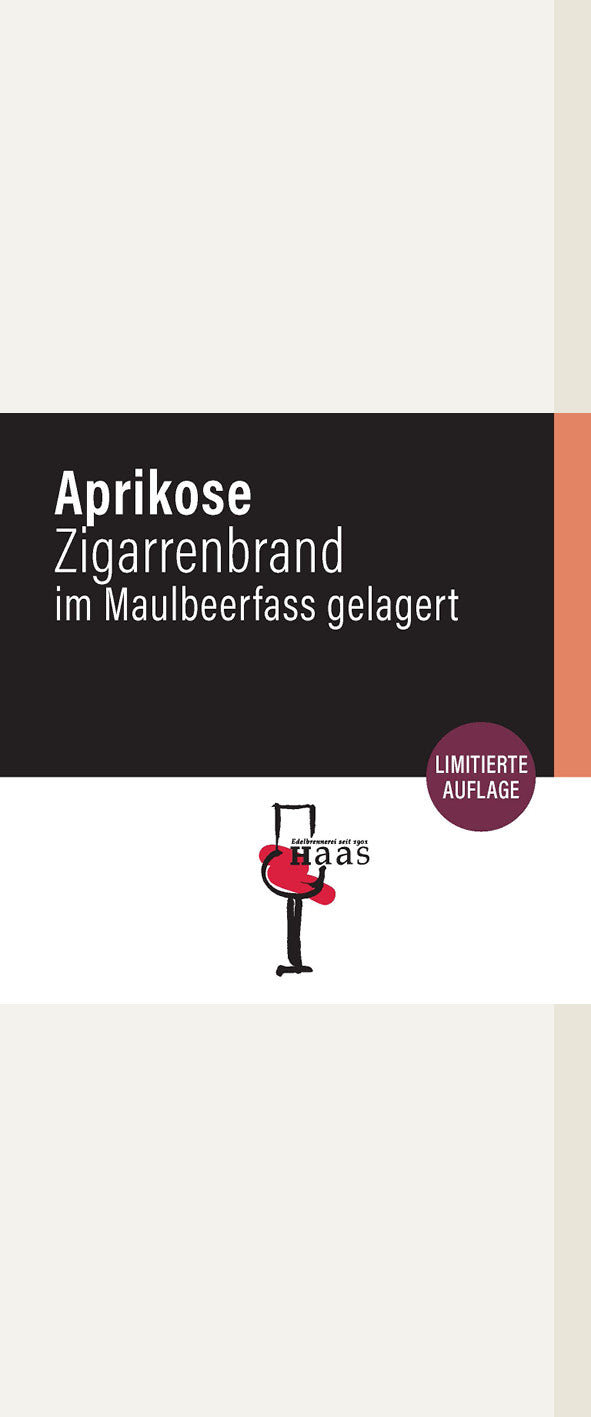 Produktlabel für Aprikose Zigarrenbrand im Maulbeerfass